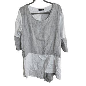 John P. Tunic Top Linen Tunics Women M/L White Gray Striped Shirt Women Casual